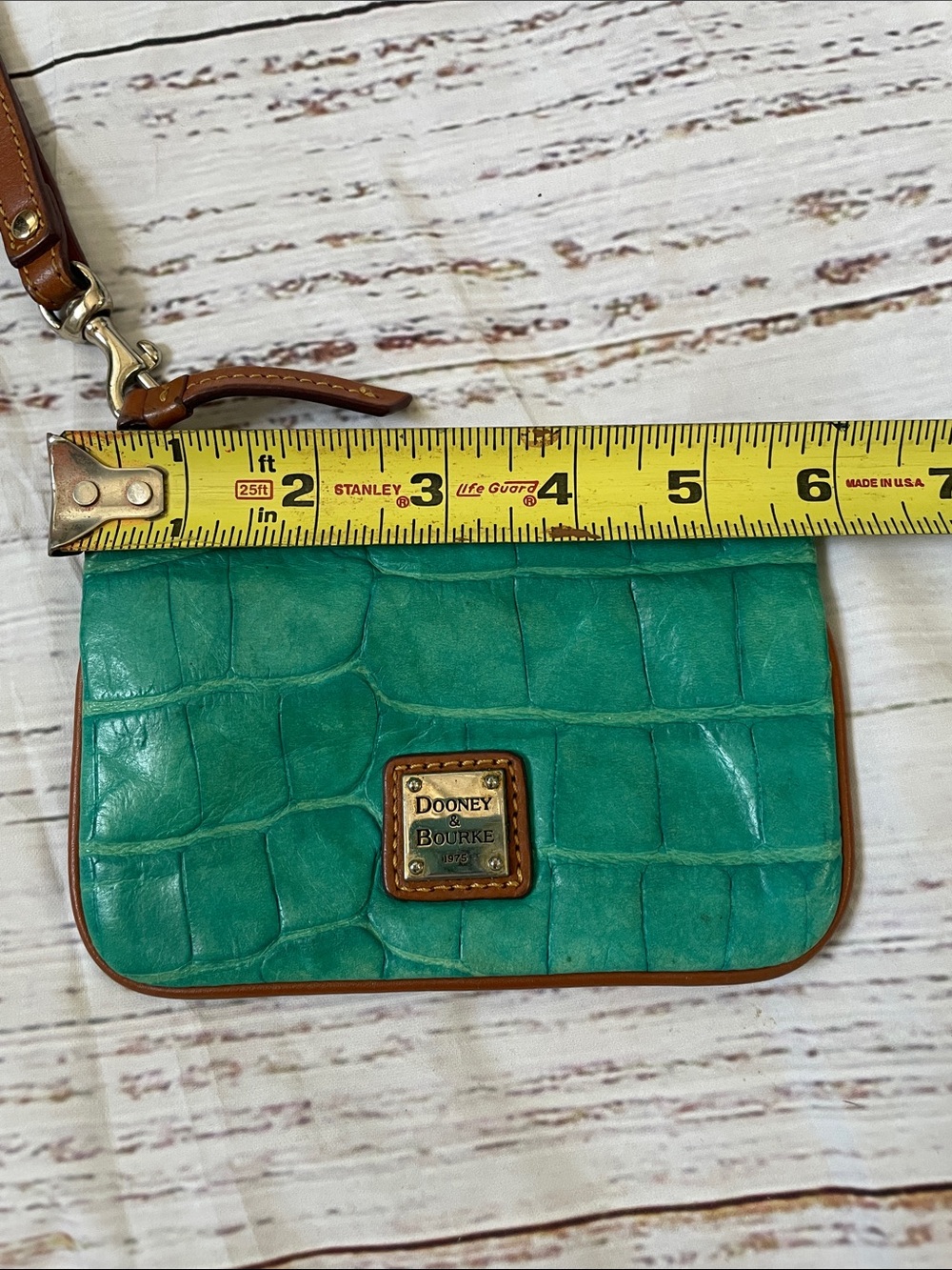Dooney & Bourke Turquoise Croc-Embossed Wristlet with Brown Trim - Picture 5 of 5